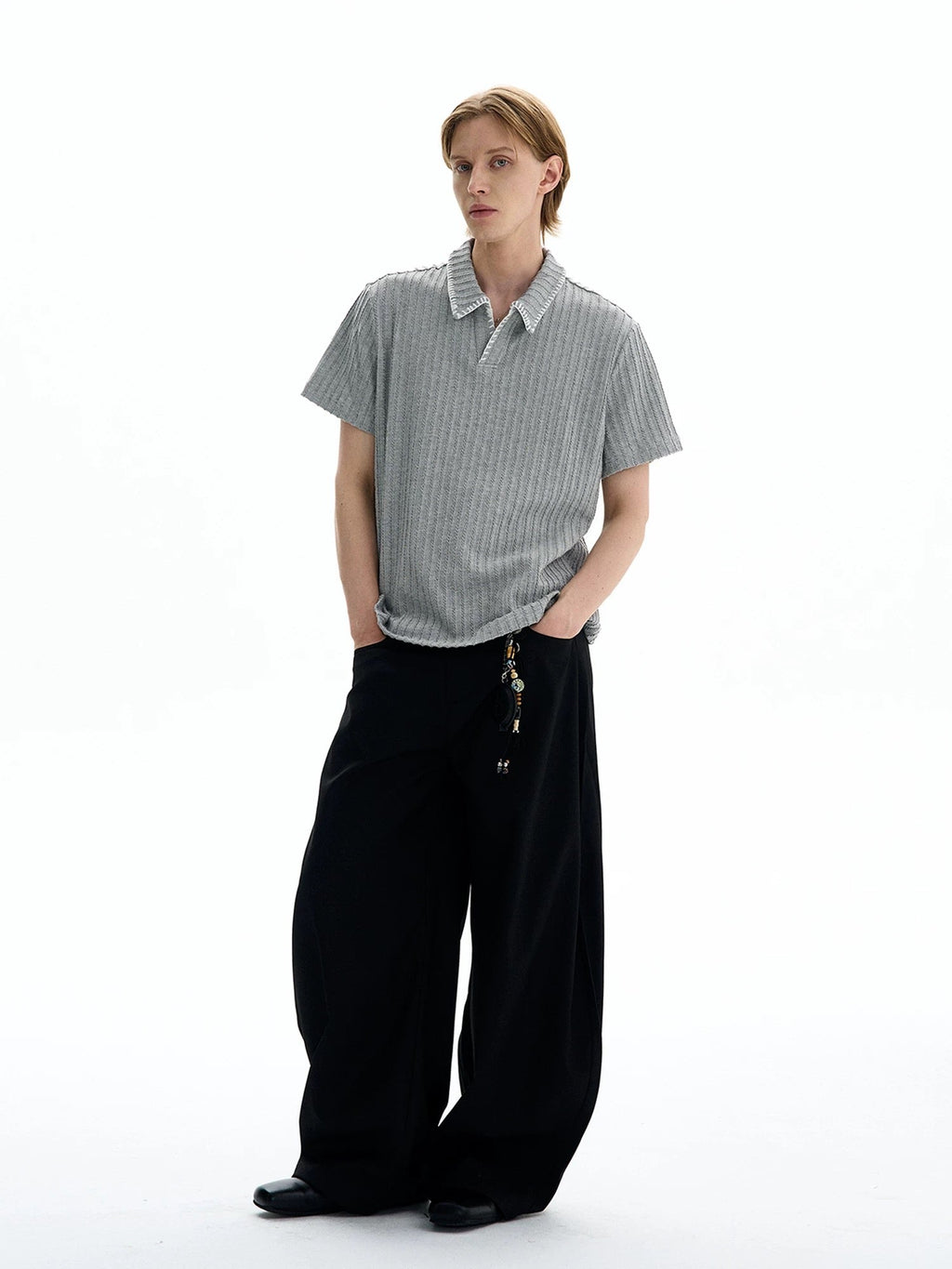 Ribbed Knit Polo Shirt