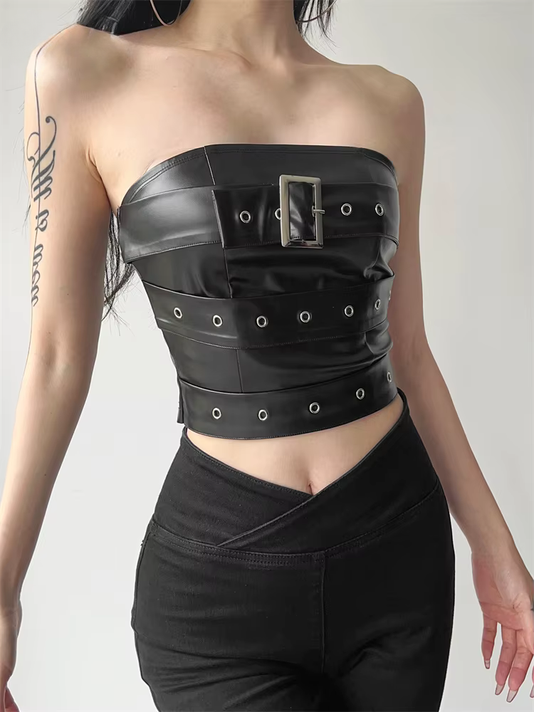 Buckle Strapless Faux Leather Crop Top