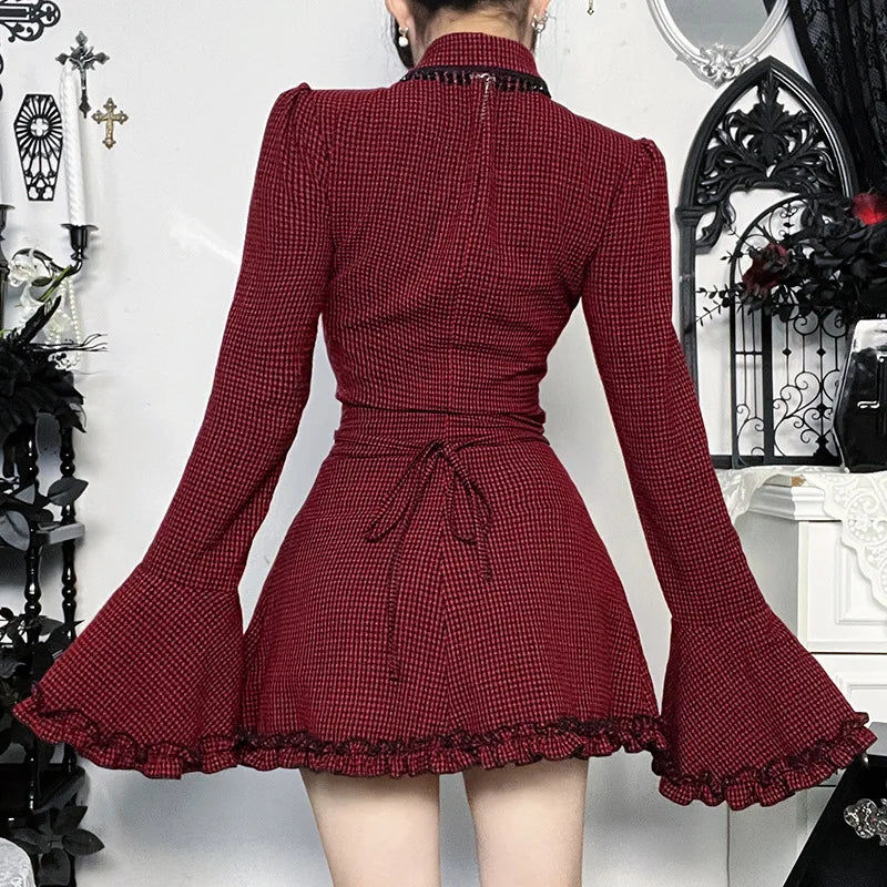 Crimson Check Victorian Gothic Dress