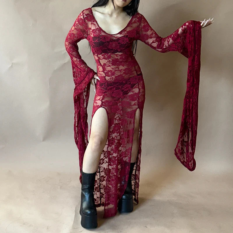 Midnight Rose Lace Gothic Maxi Dress