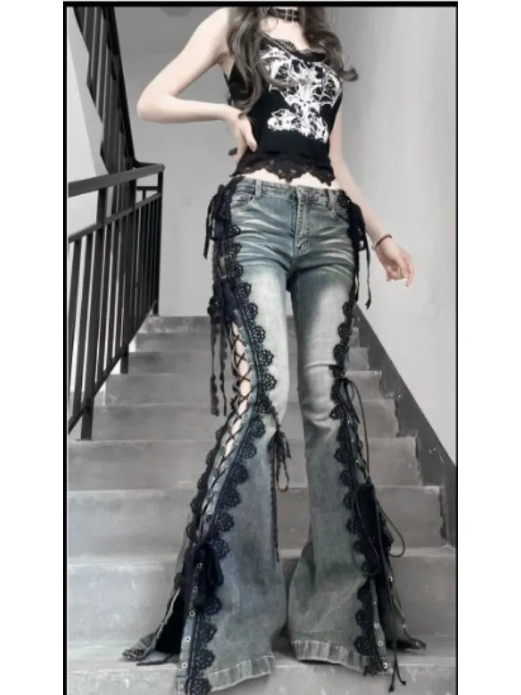 Raven Lace-Up Gothic Flare Jeans