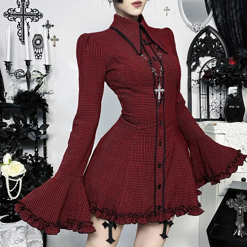 Crimson Check Victorian Gothic Dress