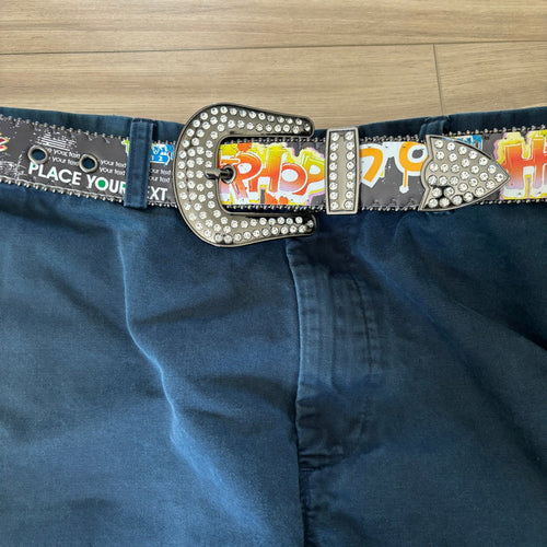 0234 - Rhinestone Buckle Graffiti Belt (Black)