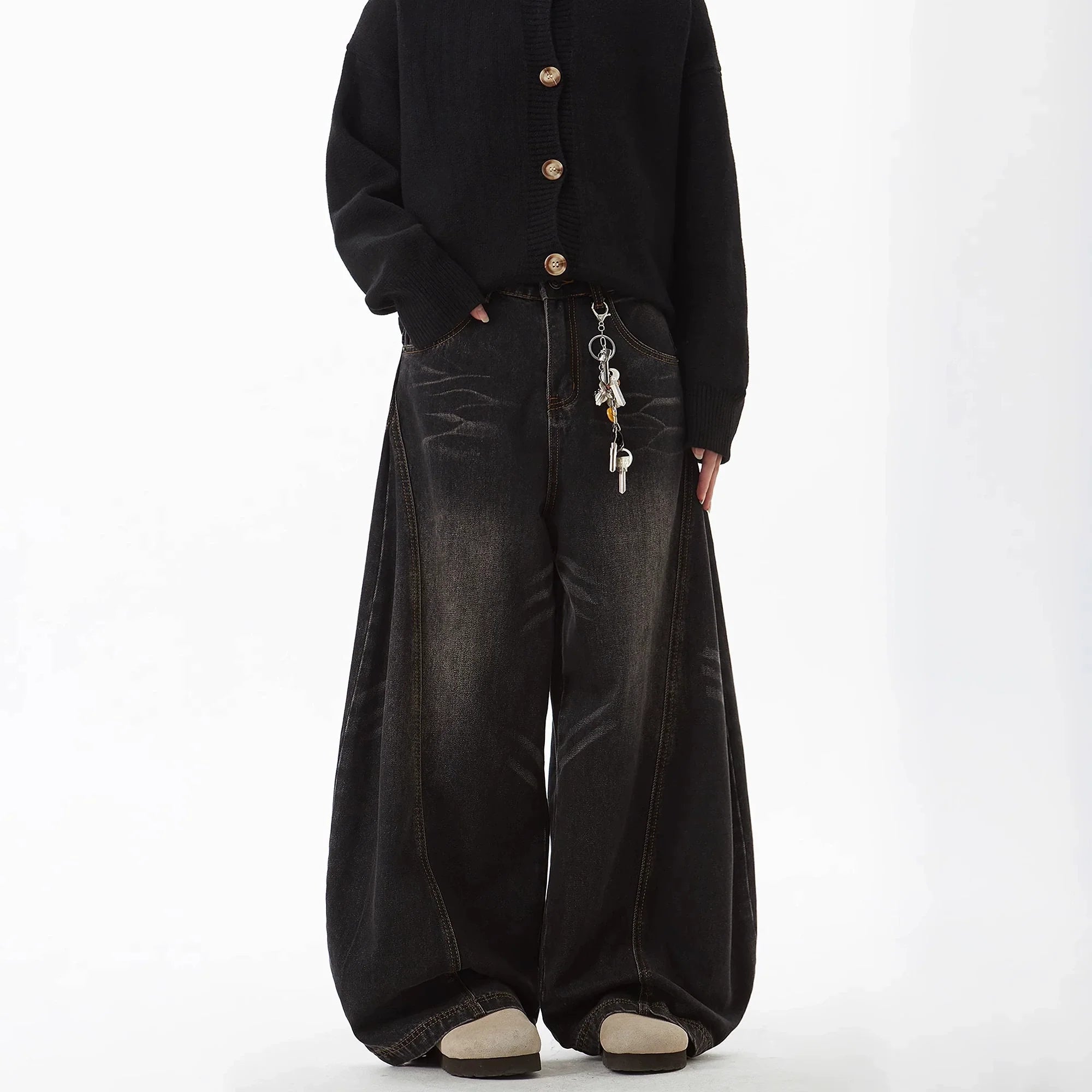 Baggy Flared Whisker Washed Jeans