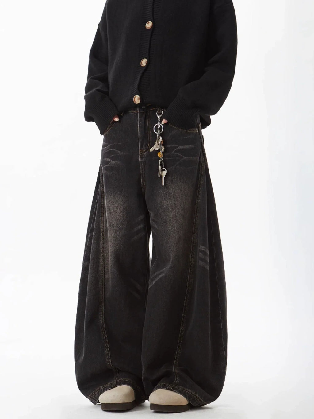Baggy Flared Whisker Washed Jeans