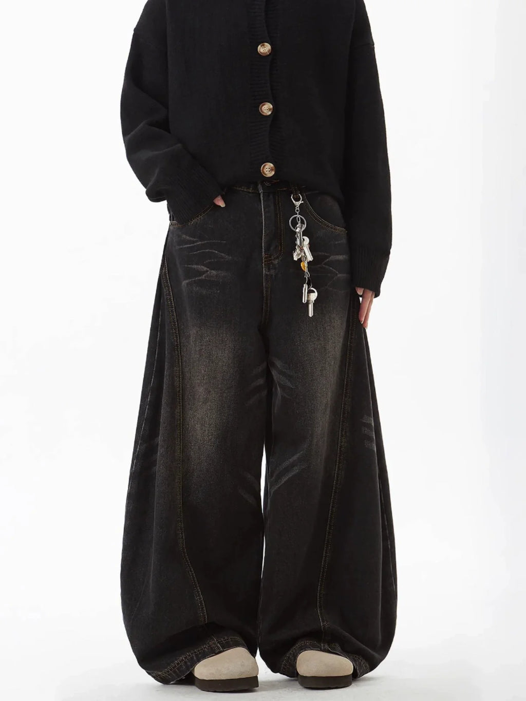 Baggy Flared Whisker Washed Jeans