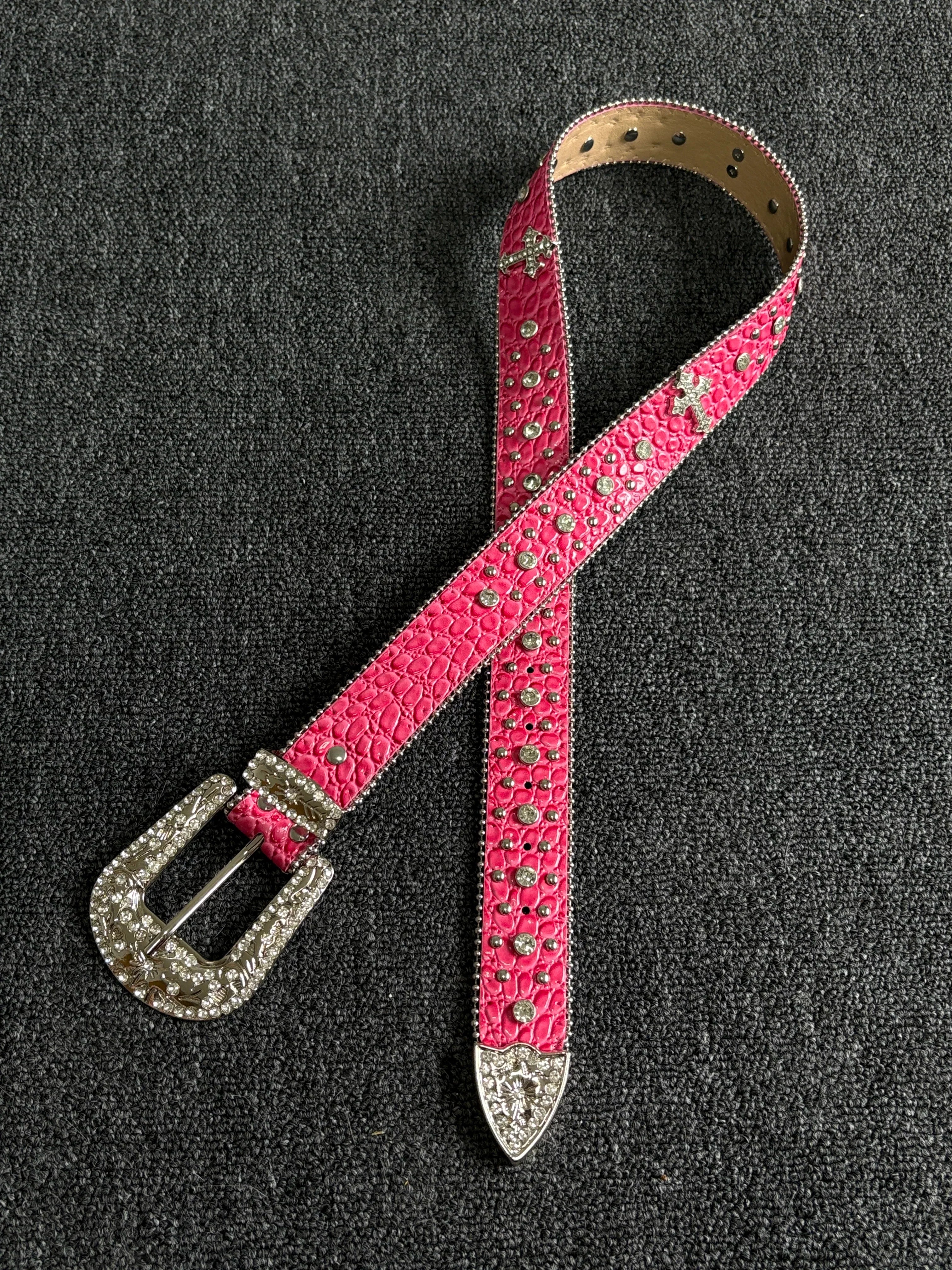 Pink Croc Rhinestone Cross Belt