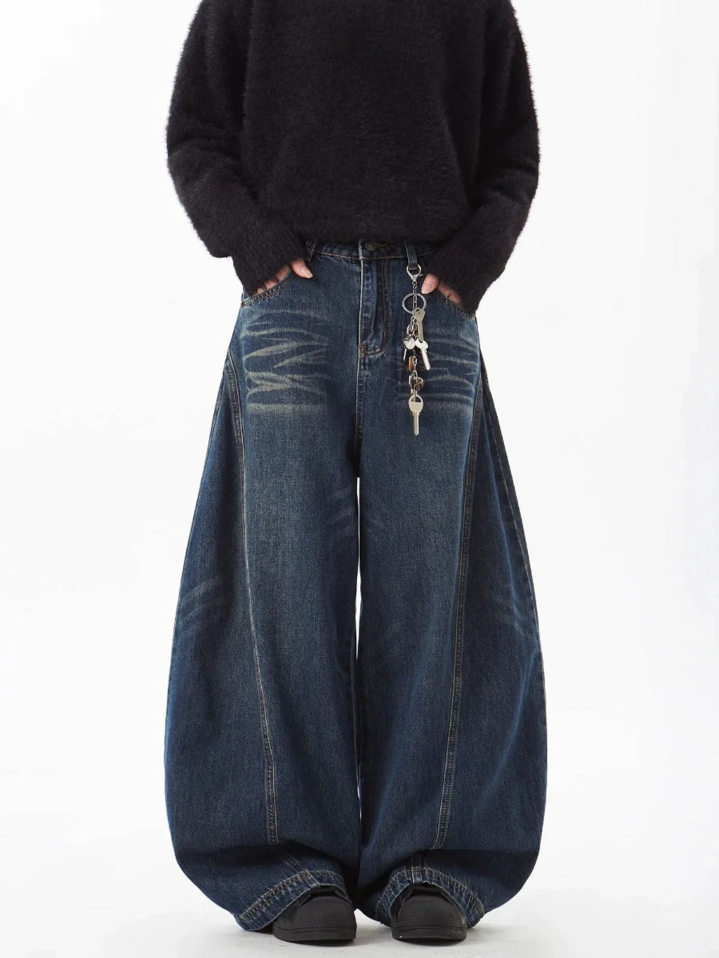 Baggy Flared Whisker Washed Jeans
