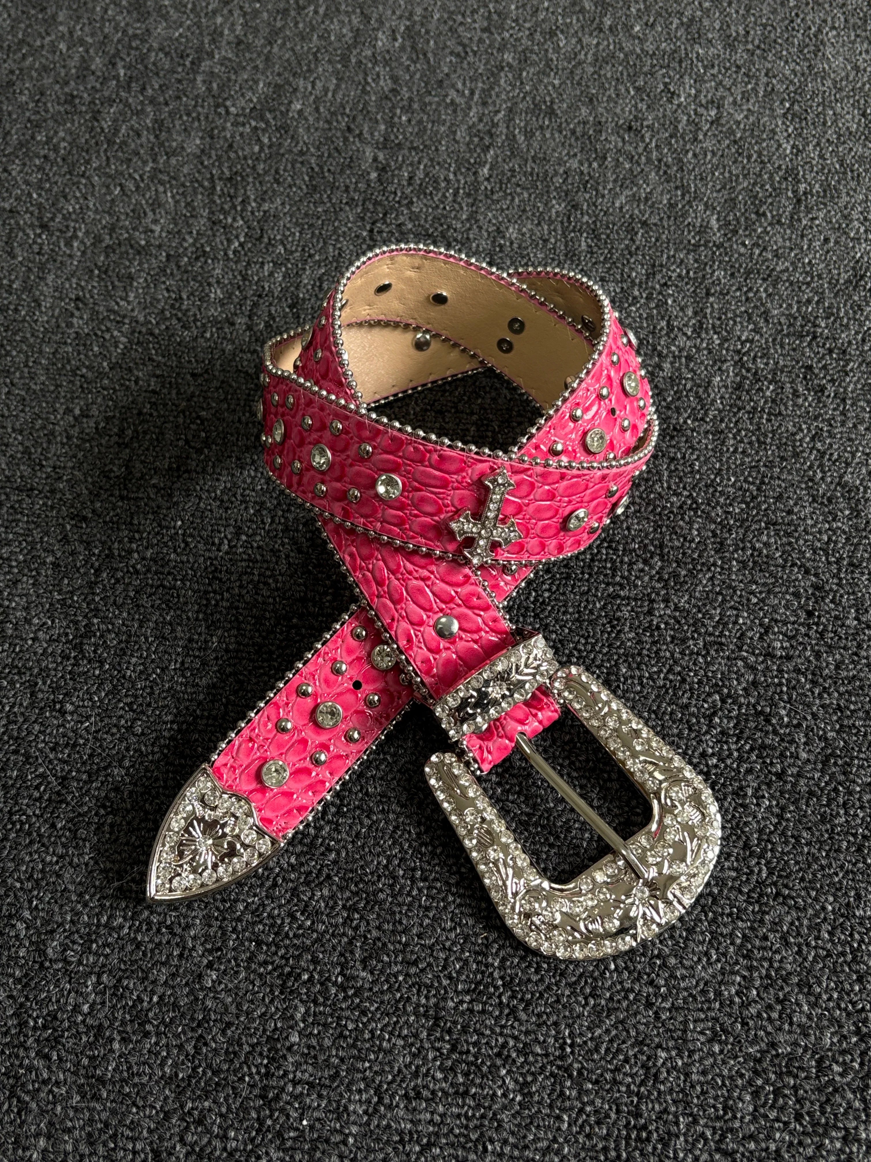 Pink Croc Rhinestone Cross Belt