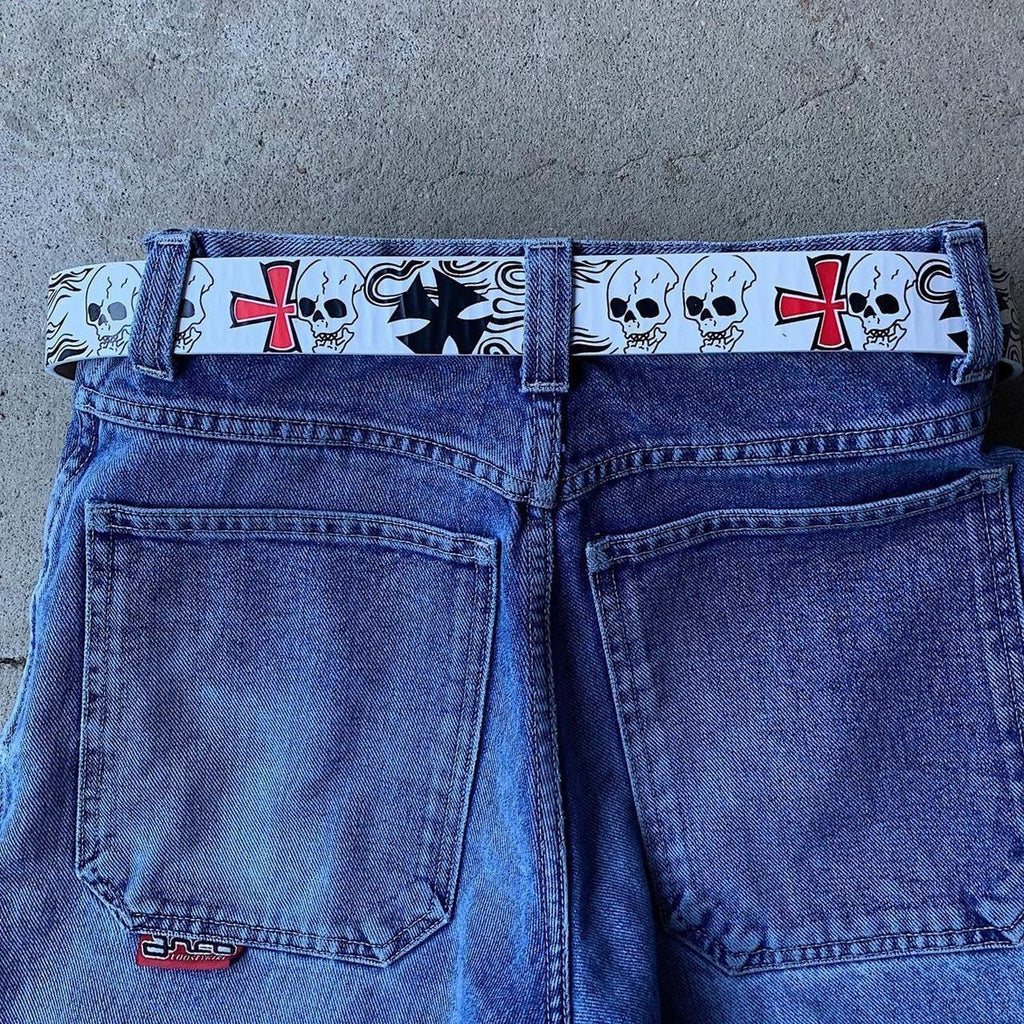 Skull Flame Cross Print Belt