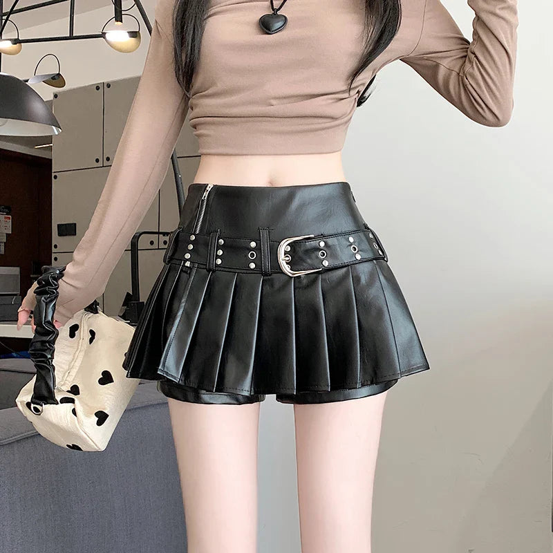 Raven Pleated Faux Leather Skort