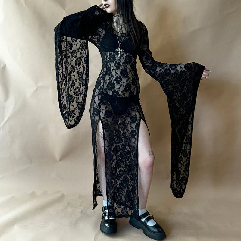 Midnight Rose Lace Gothic Maxi Dress