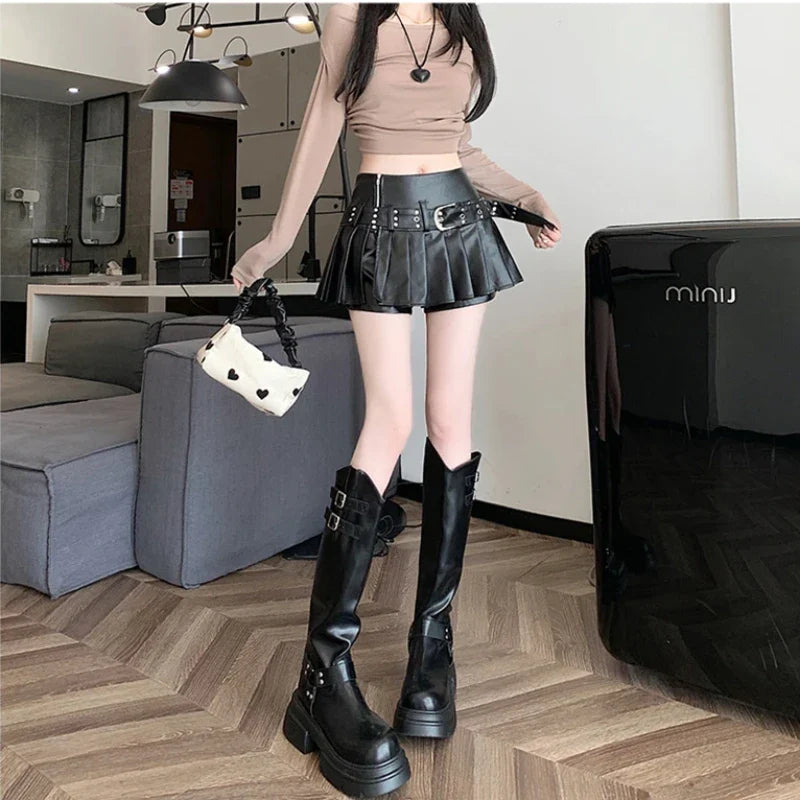 Raven Pleated Faux Leather Skort
