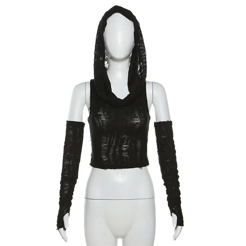 Shadow Veil Hooded Gothic Crop Top
