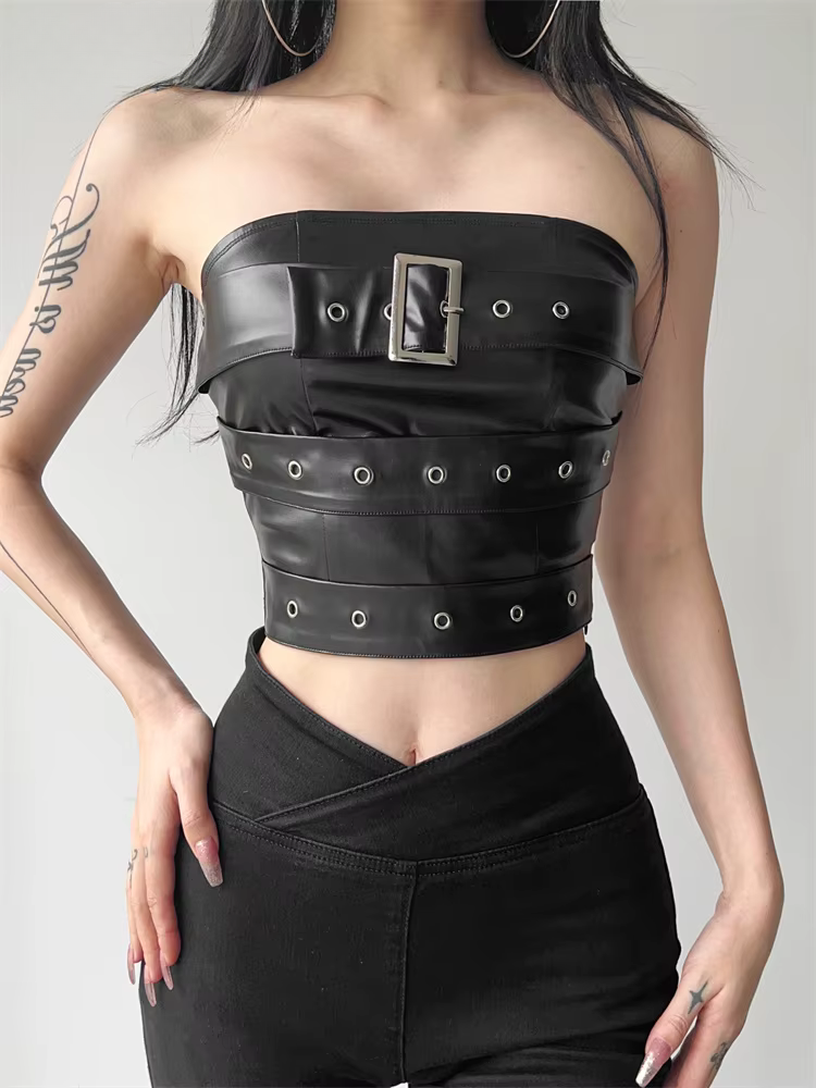 Buckle Strapless Faux Leather Crop Top