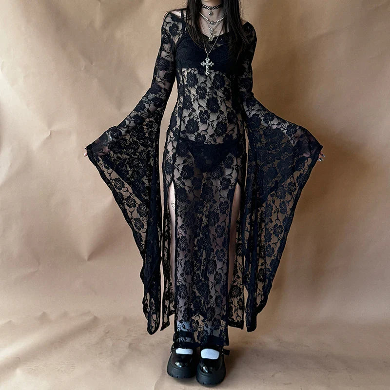 Midnight Rose Lace Gothic Maxi Dress