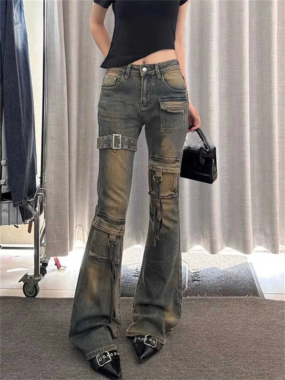 Shadow Buckle Sheer Flare Pants