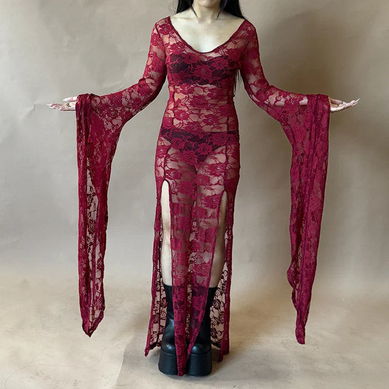 Midnight Rose Lace Gothic Maxi Dress