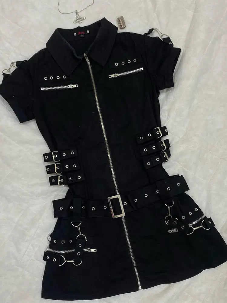 Raven Buckle Utility Gothic Mini Dress